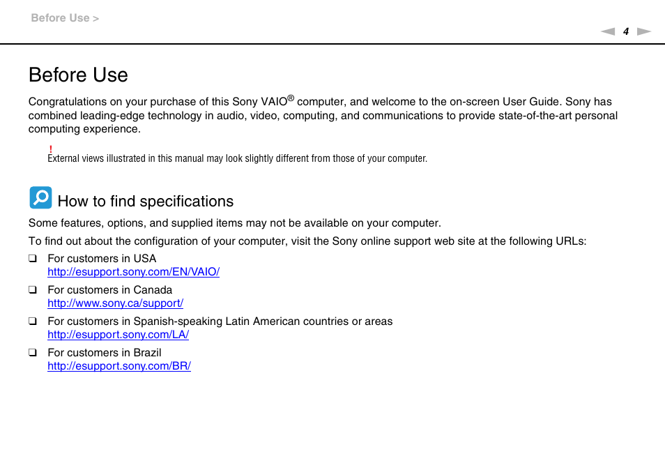 Before use, How to find specifications | Sony VPCW111XX User Manual | Page 4 / 124