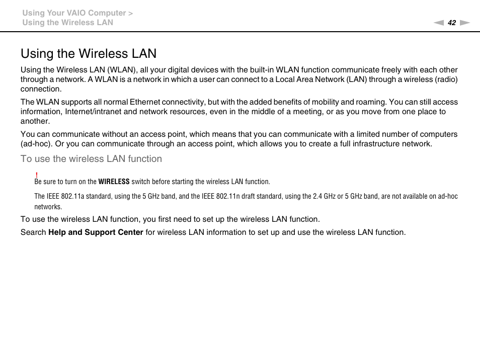 Using the wireless lan | Sony VPCW111XX User Manual | Page 42 / 124