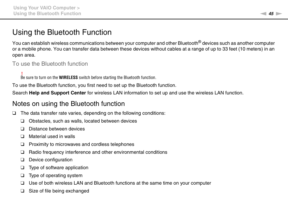 Using the bluetooth function, Tion | Sony VPCW111XX User Manual | Page 45 / 124