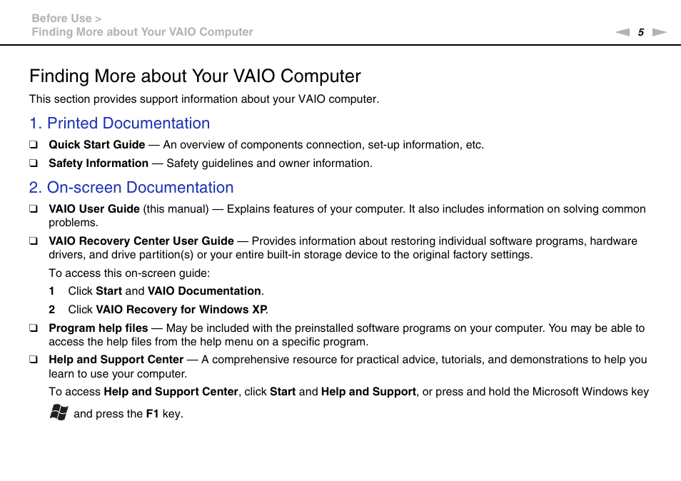 Finding more about your vaio computer, Printed documentation, On-screen documentation | Sony VPCW111XX User Manual | Page 5 / 124