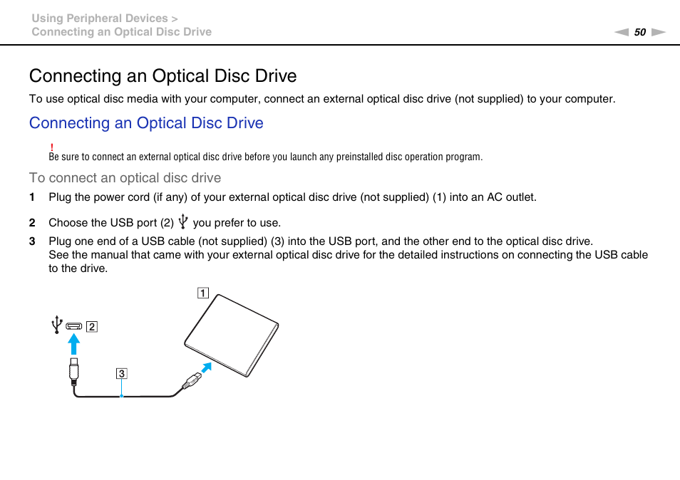 Connecting an optical disc drive | Sony VPCW111XX User Manual | Page 50 / 124