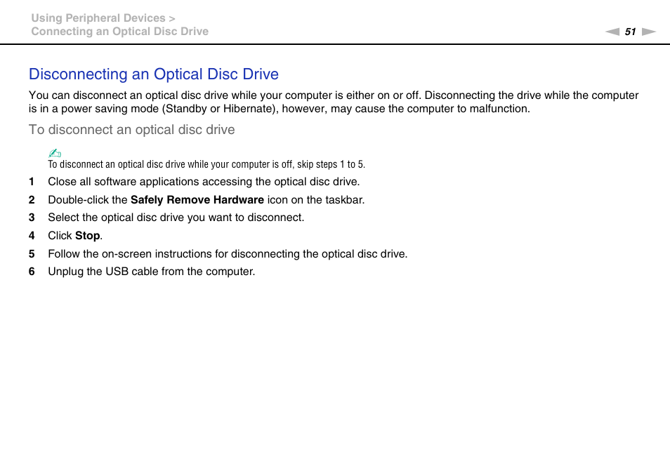 Disconnecting an optical disc drive | Sony VPCW111XX User Manual | Page 51 / 124