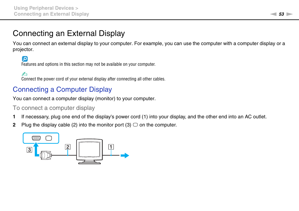 Connecting an external display, Connecting a computer display | Sony VPCW111XX User Manual | Page 53 / 124