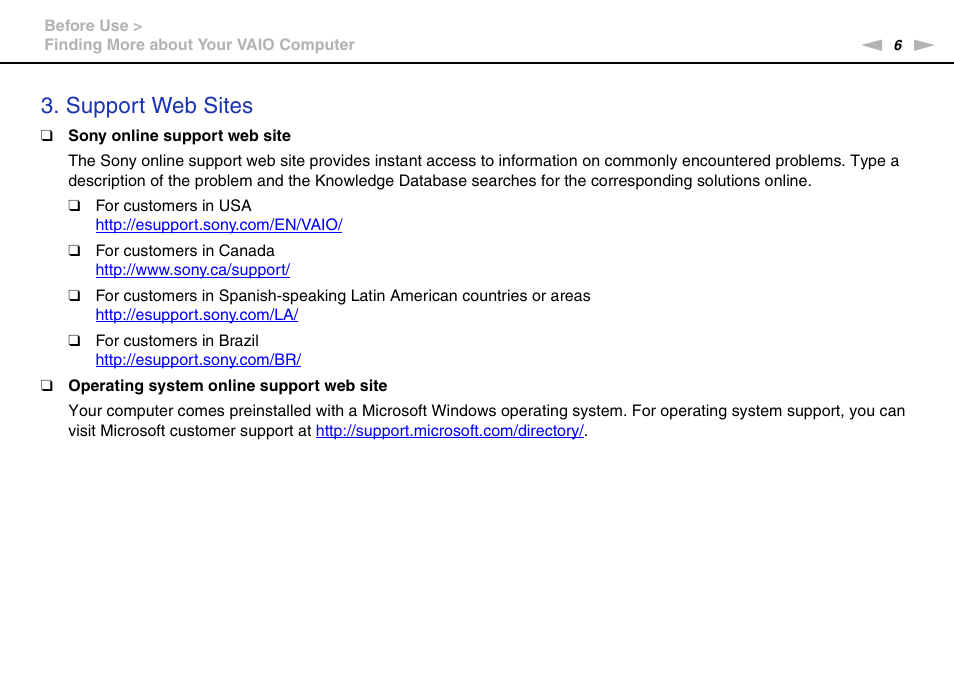 Support web sites | Sony VPCW111XX User Manual | Page 6 / 124