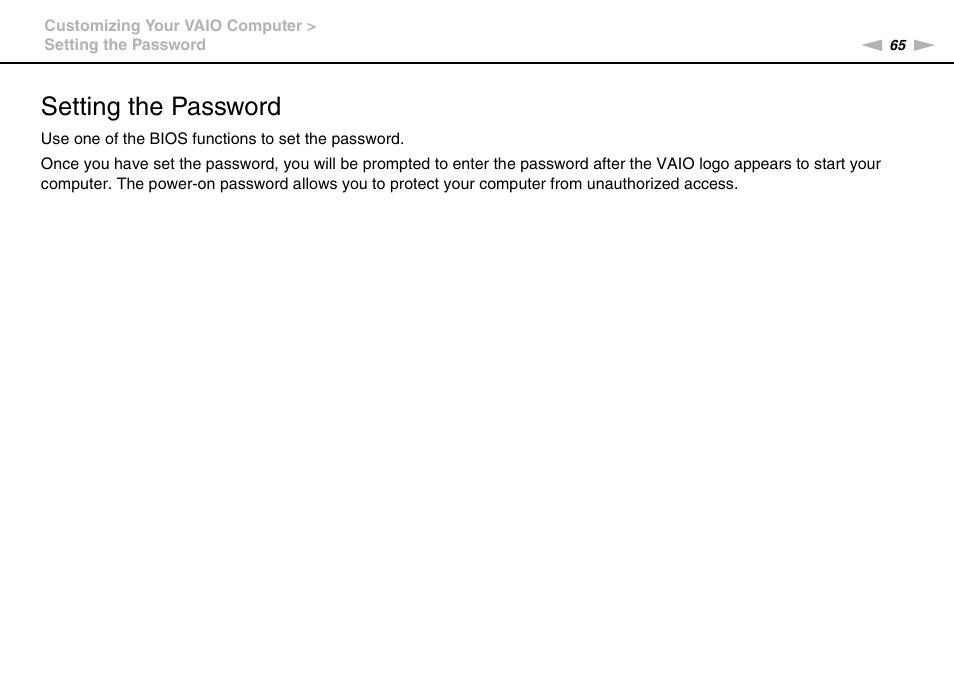 Setting the password | Sony VPCW111XX User Manual | Page 65 / 124