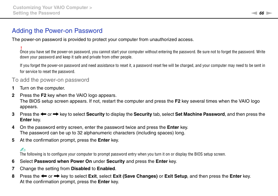 Adding the power-on password | Sony VPCW111XX User Manual | Page 66 / 124