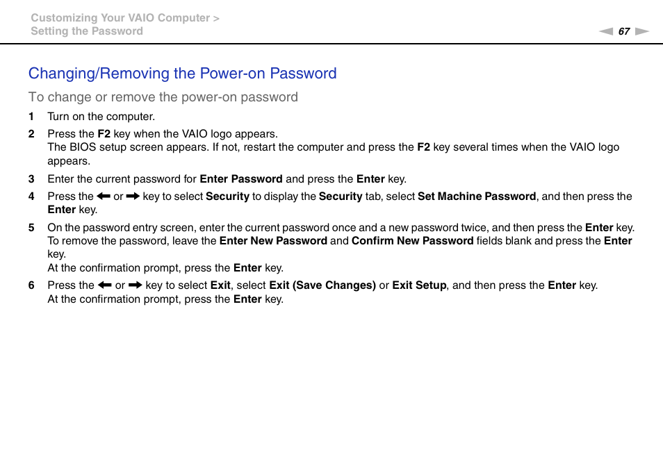 Changing/removing the power-on password | Sony VPCW111XX User Manual | Page 67 / 124