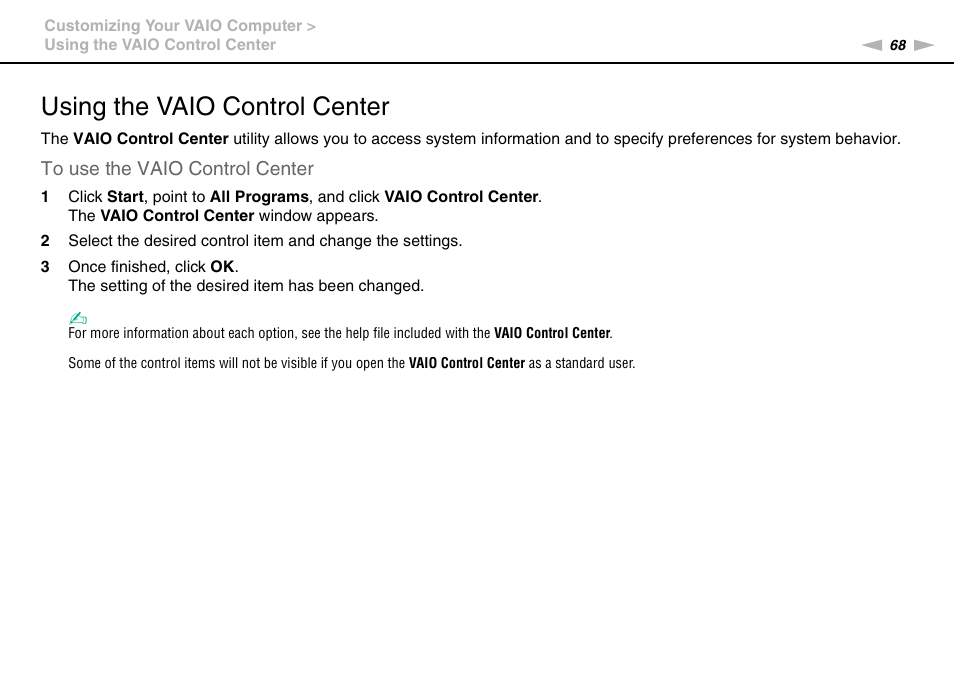 Using the vaio control center | Sony VPCW111XX User Manual | Page 68 / 124