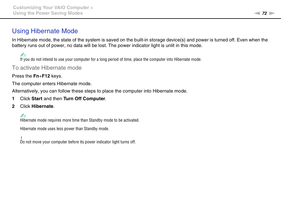 Using hibernate mode | Sony VPCW111XX User Manual | Page 72 / 124