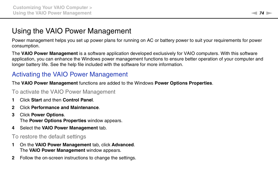 Using the vaio power management, Activating the vaio power management | Sony VPCW111XX User Manual | Page 74 / 124