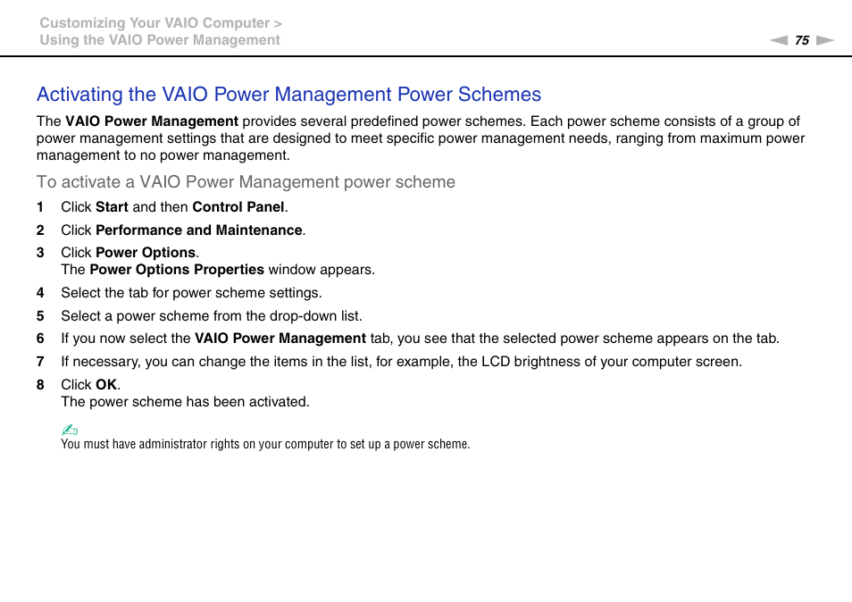 Activating the vaio power management power schemes | Sony VPCW111XX User Manual | Page 75 / 124