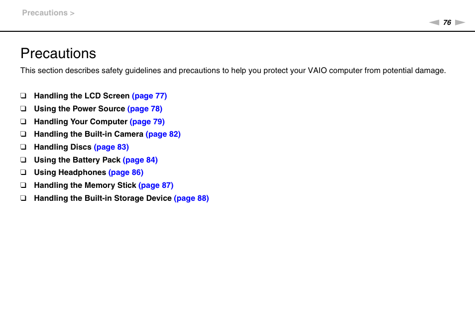 Precautions | Sony VPCW111XX User Manual | Page 76 / 124