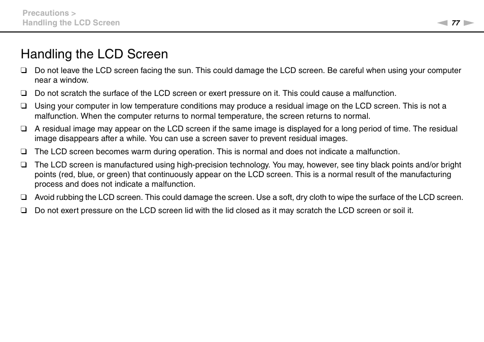 Handling the lcd screen | Sony VPCW111XX User Manual | Page 77 / 124