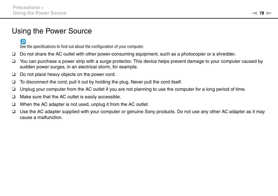 Using the power source | Sony VPCW111XX User Manual | Page 78 / 124