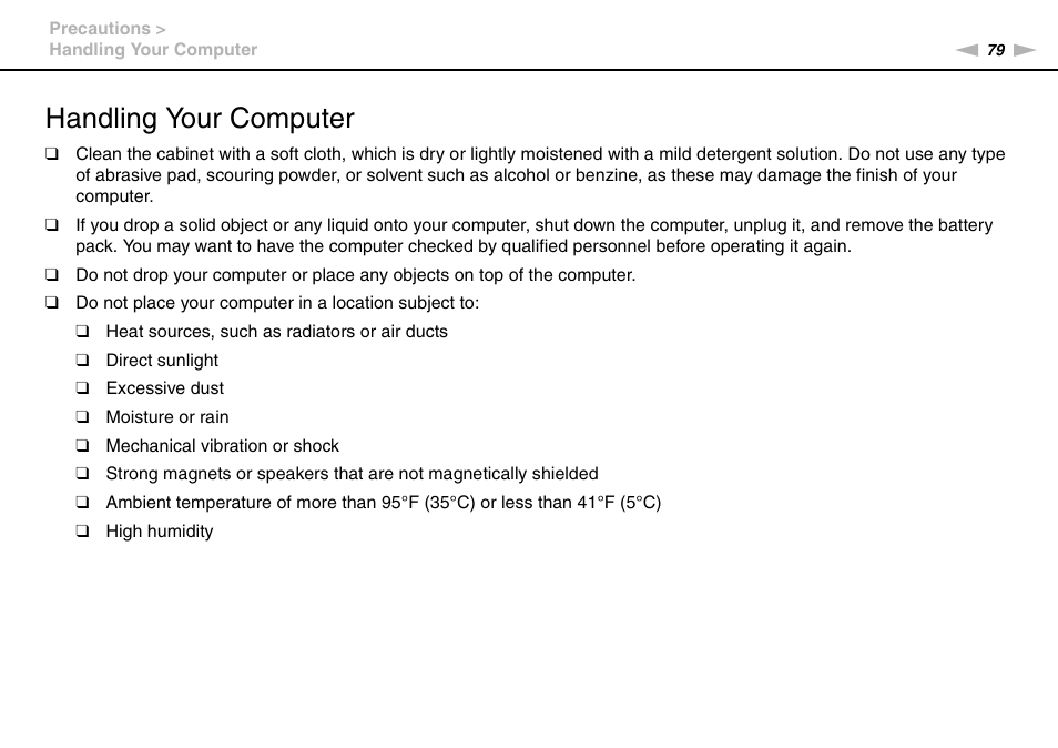 Handling your computer | Sony VPCW111XX User Manual | Page 79 / 124