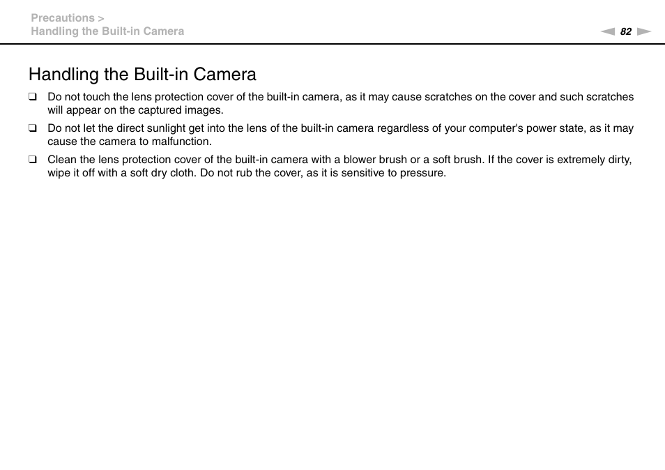 Handling the built-in camera | Sony VPCW111XX User Manual | Page 82 / 124