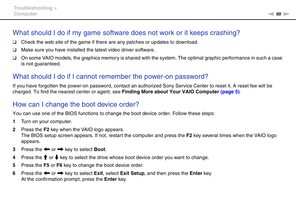 How can i change the boot device order | Sony VPCW111XX User Manual | Page 95 / 124