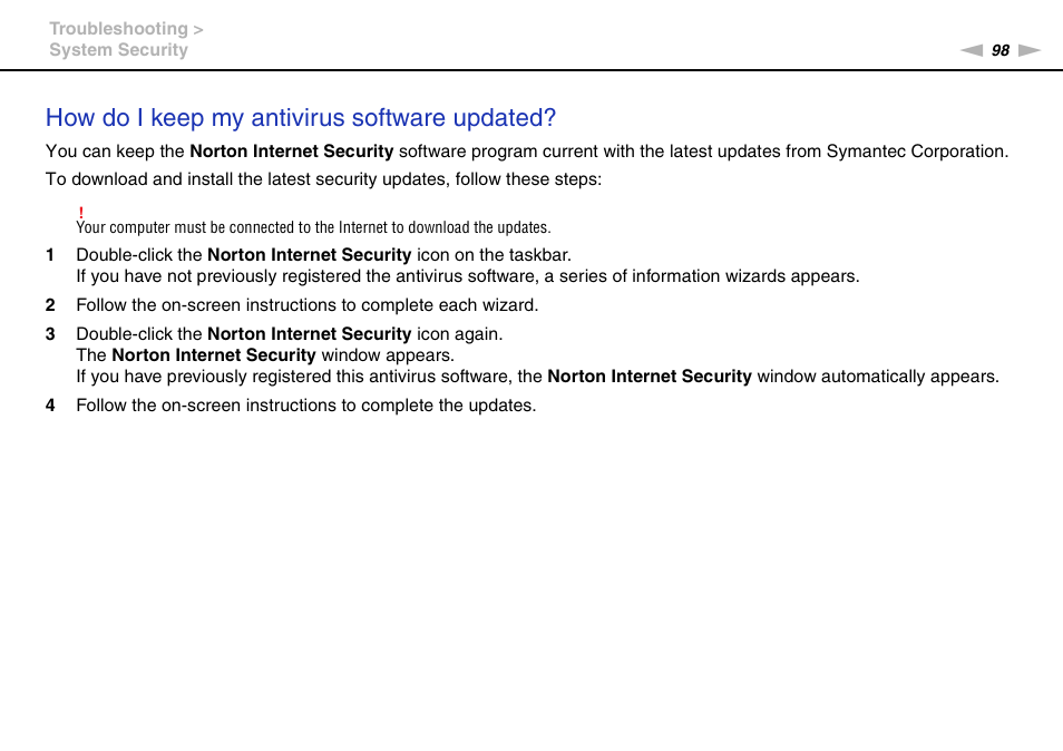 How do i keep my antivirus software updated | Sony VPCW111XX User Manual | Page 98 / 124