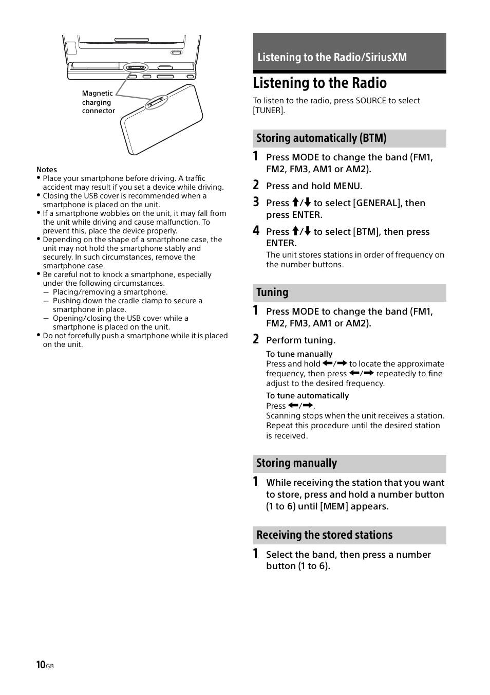 Listening to the radio/siriusxm, Listening to the radio | Sony XSP-N1BT User Manual | Page 10 / 96