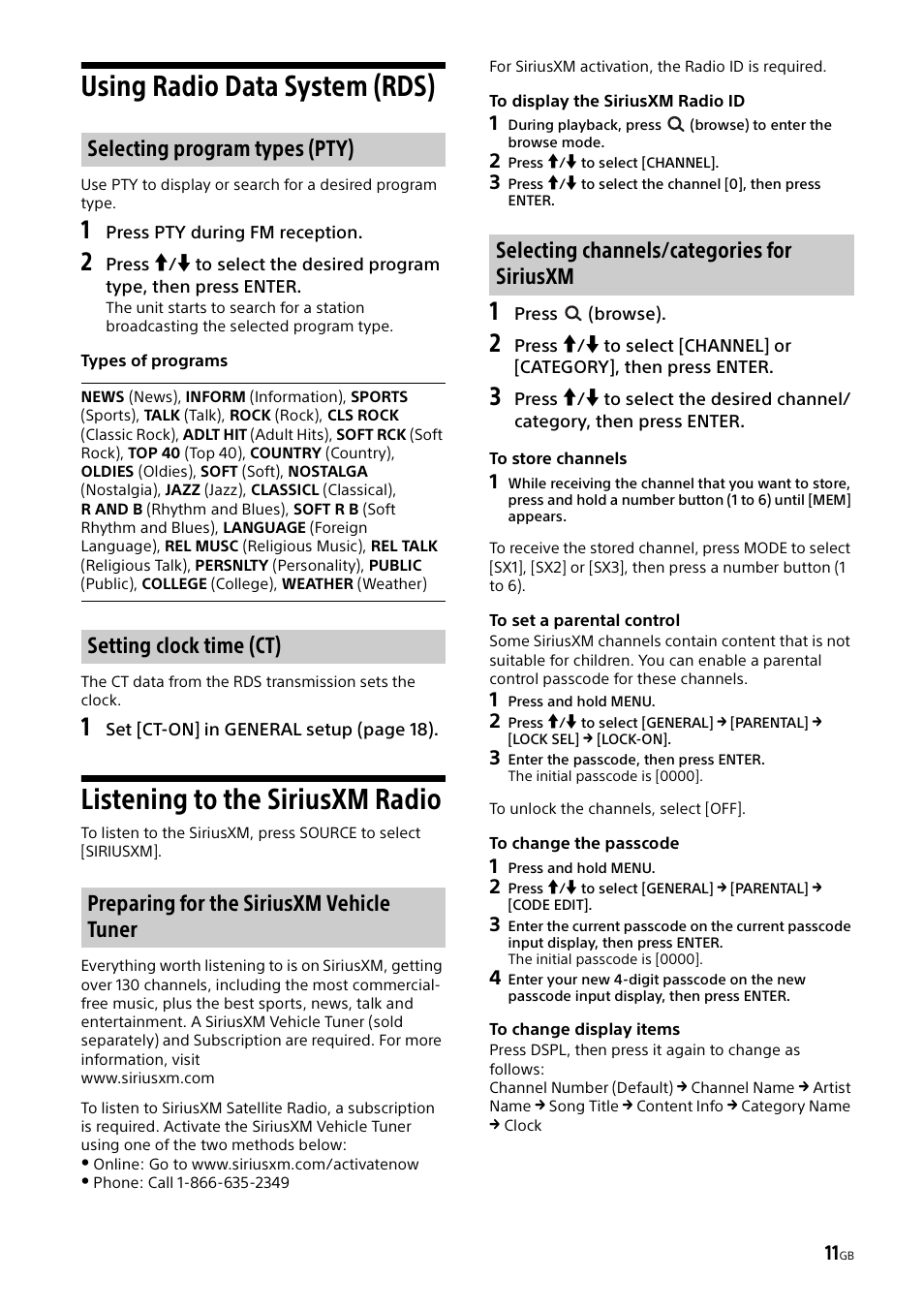 Using radio data system (rds), Listening to the siriusxm radio, Selecting program types (pty) | Sony XSP-N1BT User Manual | Page 11 / 96