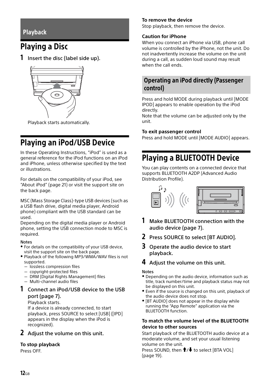 Playback, Playing a disc, Playing an ipod/usb device | Playing a bluetooth device | Sony XSP-N1BT User Manual | Page 12 / 96