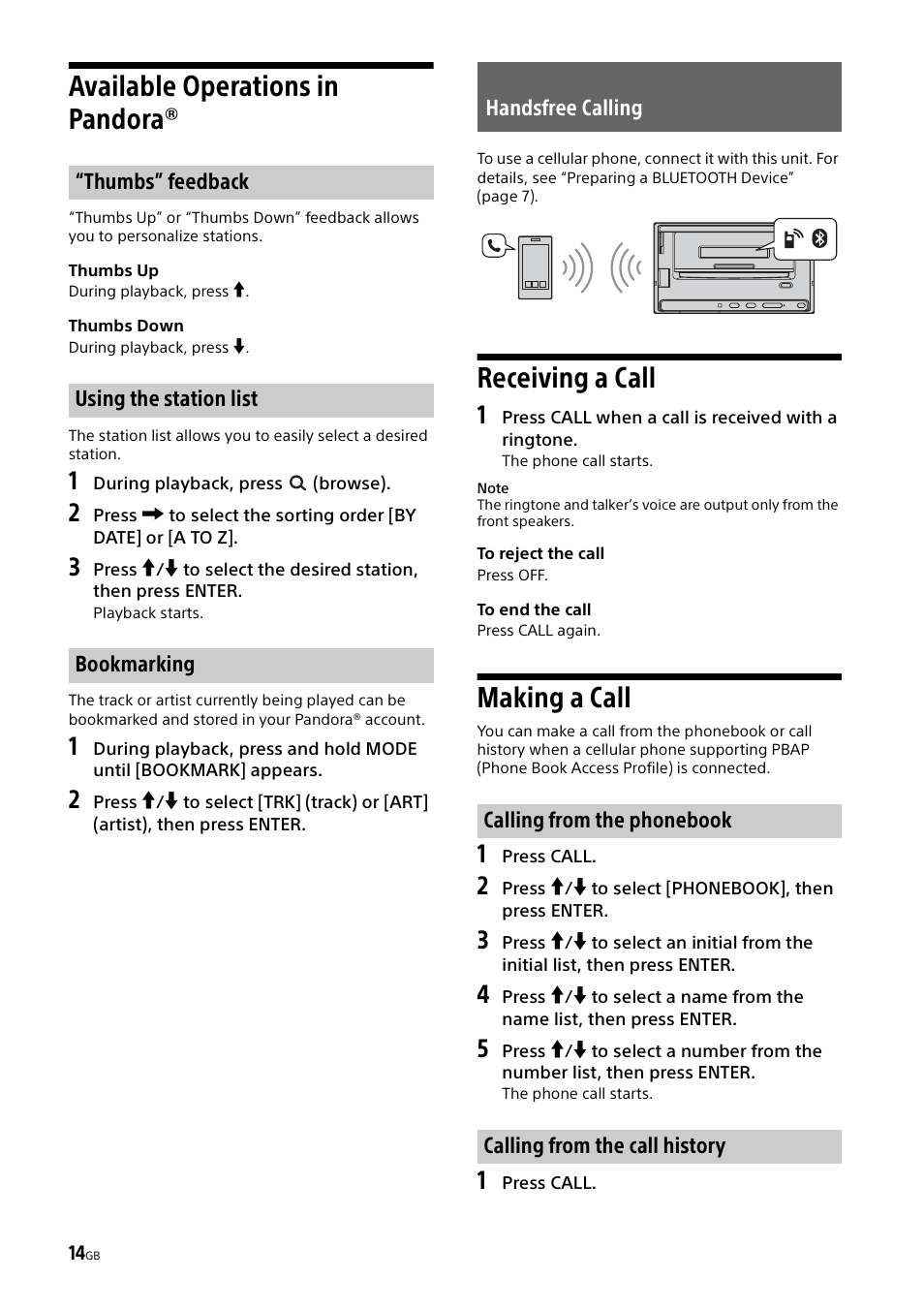 Available operations in pandora, Handsfree calling, Receiving a call | Making a call, Receiving a call making a call | Sony XSP-N1BT User Manual | Page 14 / 96