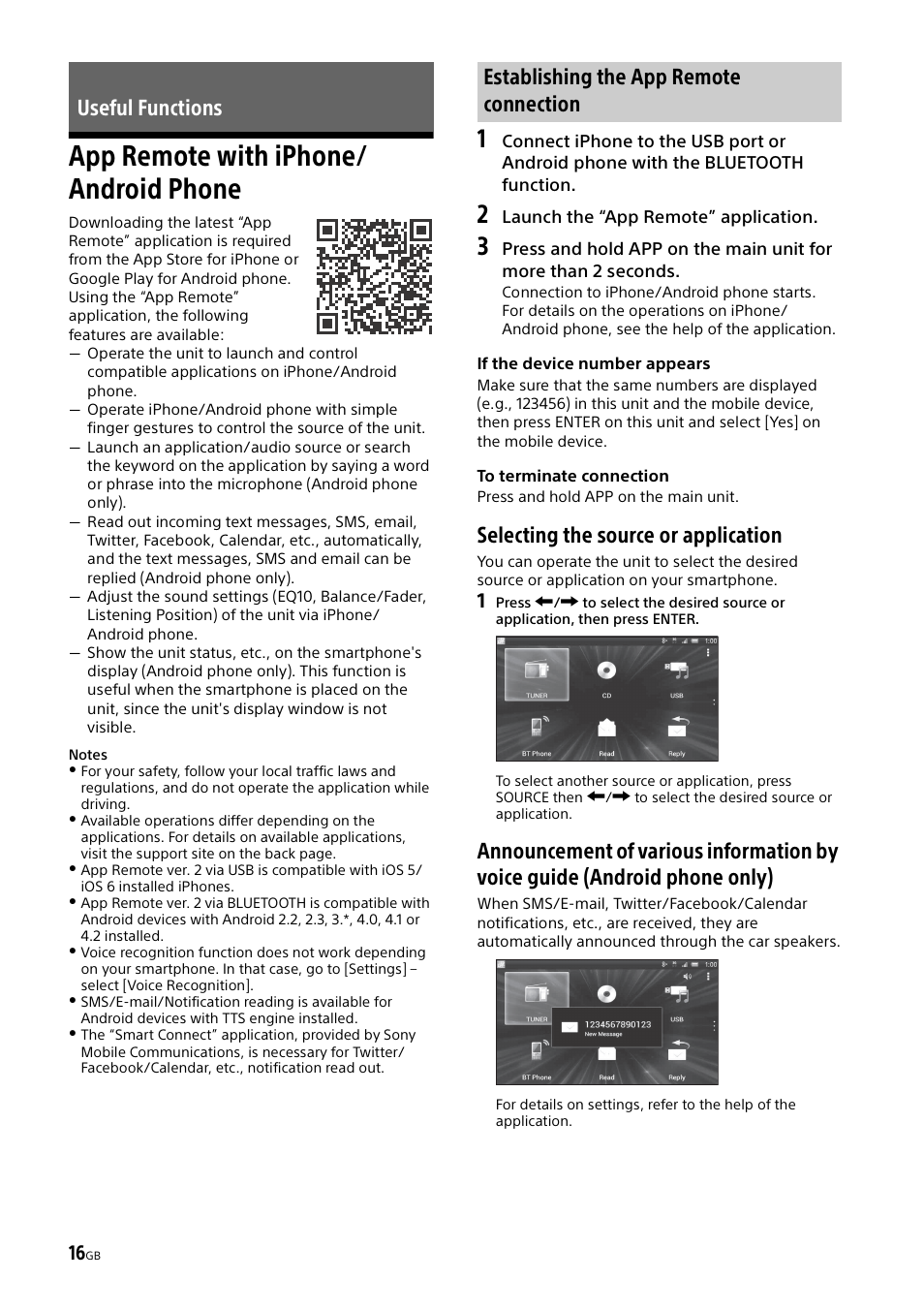 Useful functions, App remote with iphone/ android phone, App remote with iphone/android phone | Selecting the source or application | Sony XSP-N1BT User Manual | Page 16 / 96