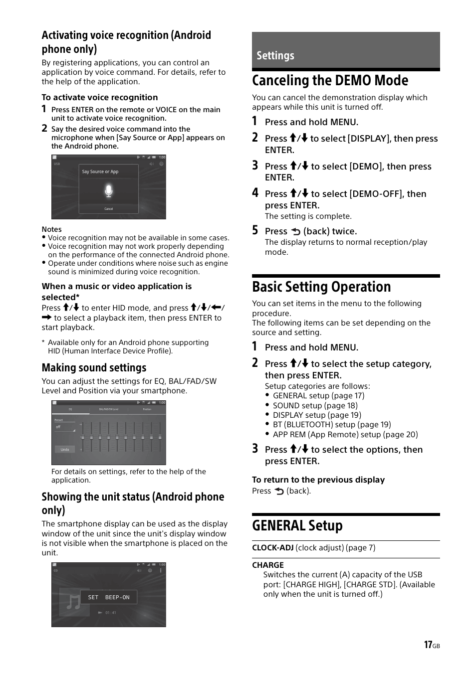 Settings, Canceling the demo mode, Basic setting operation | General setup, Canceling the demo mode basic setting operation, Activating voice recognition (android phone only), Making sound settings, Showing the unit status (android phone only) | Sony XSP-N1BT User Manual | Page 17 / 96