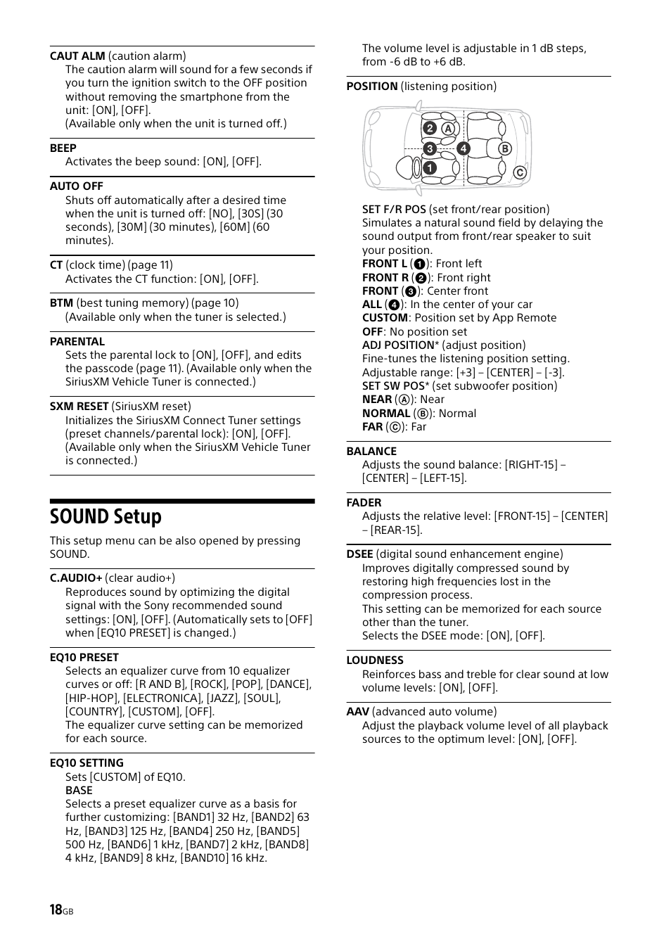 Sound setup, Eq10 preset, Eq10 setting | Position (listening position) | Sony XSP-N1BT User Manual | Page 18 / 96