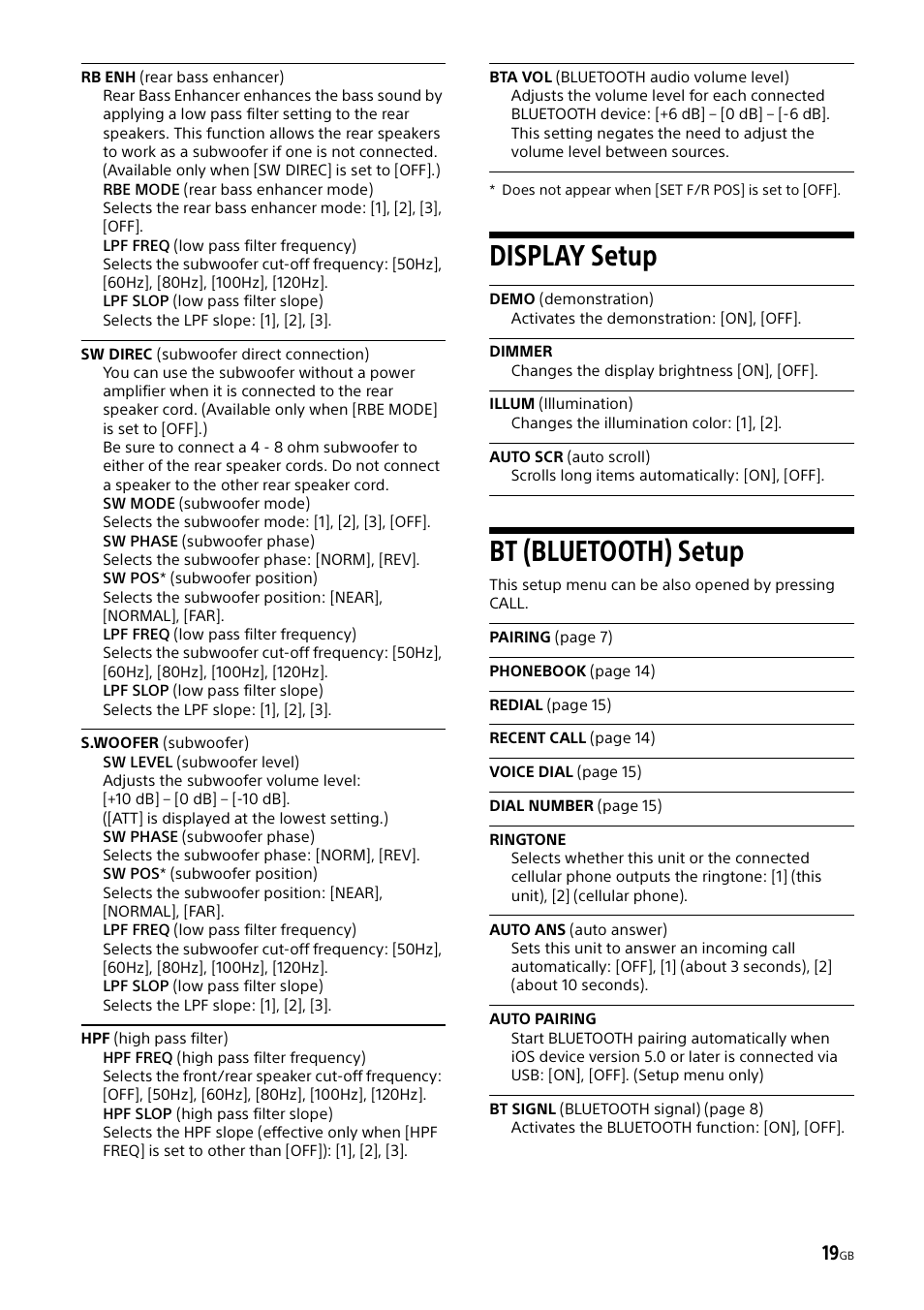 Rb enh (rear bass enhancer), Sw direc (subwoofer direct connection), Display setup | Bt (bluetooth) setup, Display setup bt (bluetooth) setup | Sony XSP-N1BT User Manual | Page 19 / 96