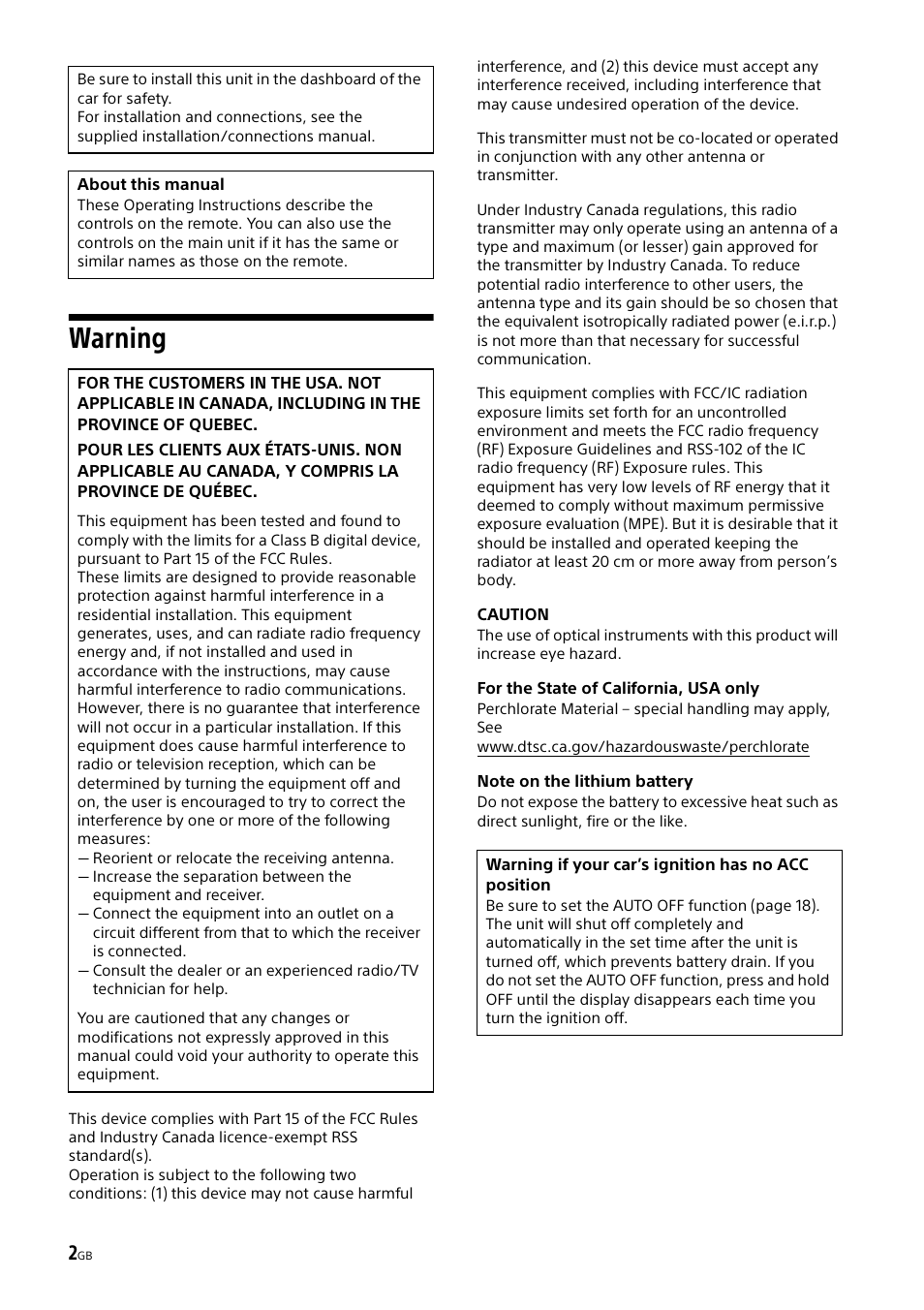 Warning | Sony XSP-N1BT User Manual | Page 2 / 96