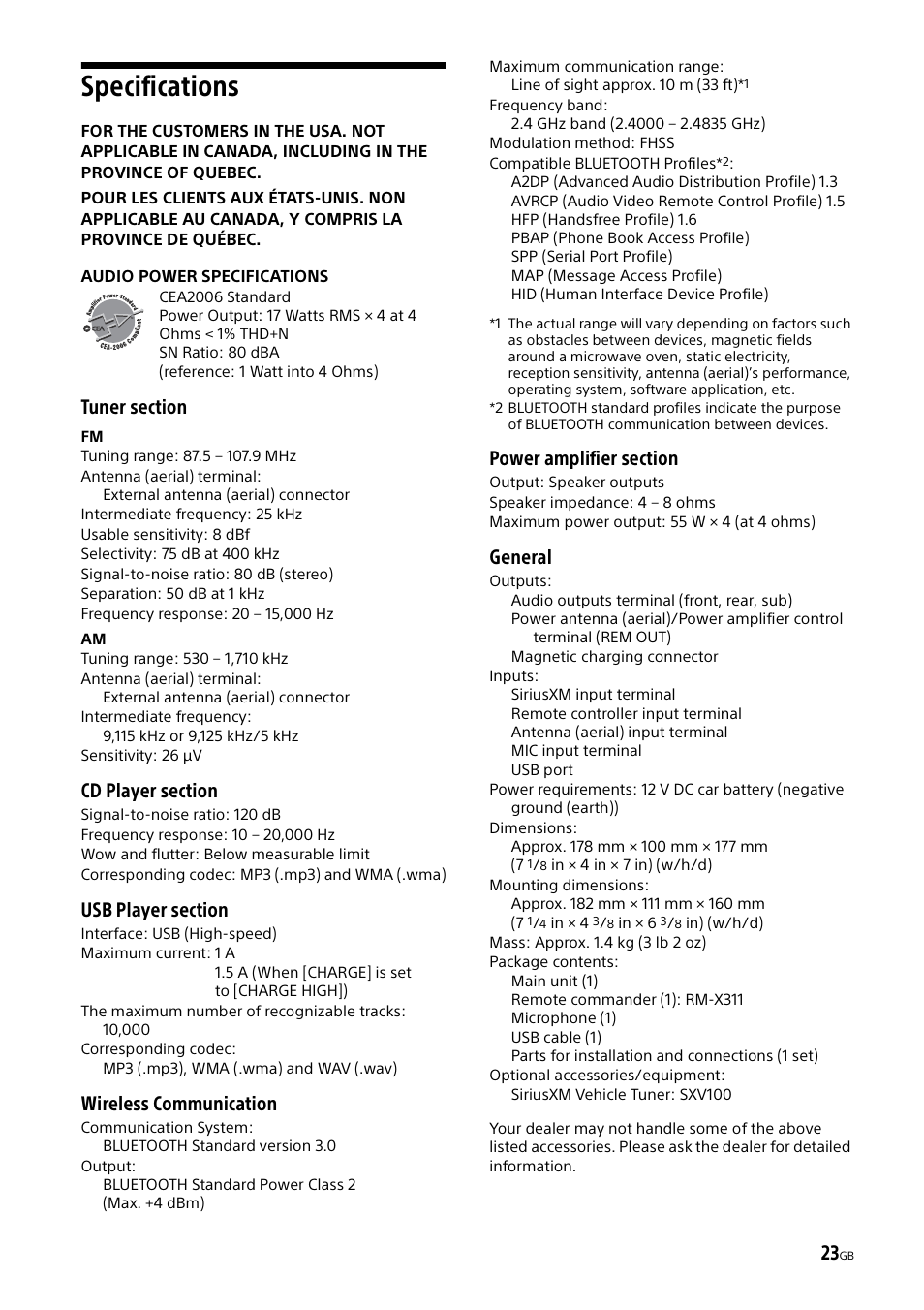 Specifications, Wireless communication, General | Sony XSP-N1BT User Manual | Page 23 / 96