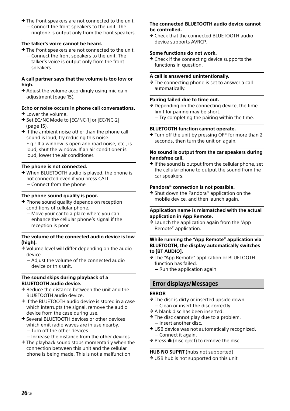 Error displays/messages | Sony XSP-N1BT User Manual | Page 26 / 96