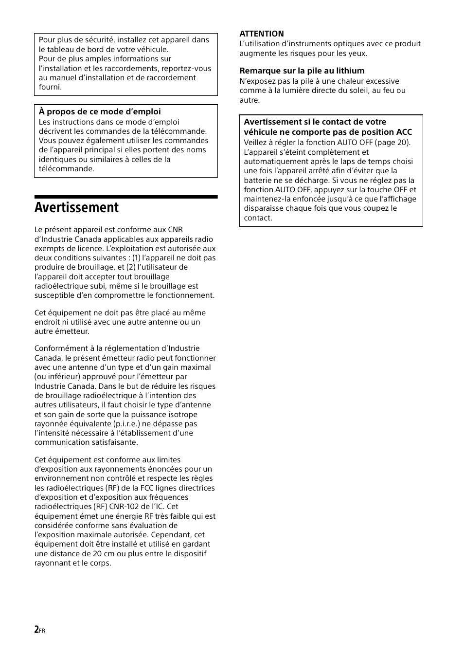 Avertissement | Sony XSP-N1BT User Manual | Page 30 / 96