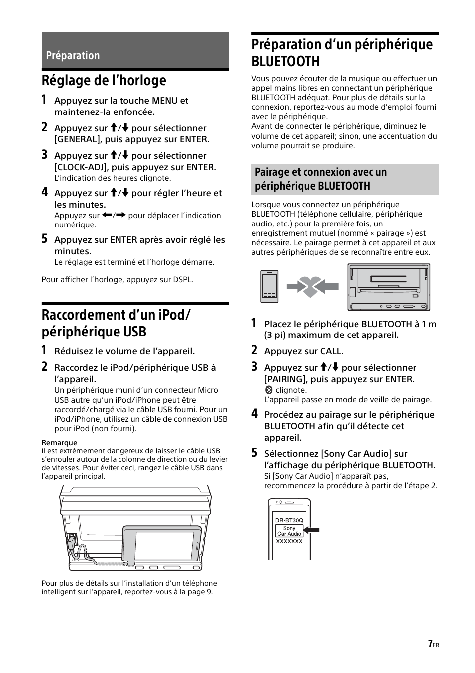 Préparation, Réglage de l’horloge, Raccordement d’un ipod/ périphérique usb | Préparation d’un périphérique bluetooth | Sony XSP-N1BT User Manual | Page 35 / 96