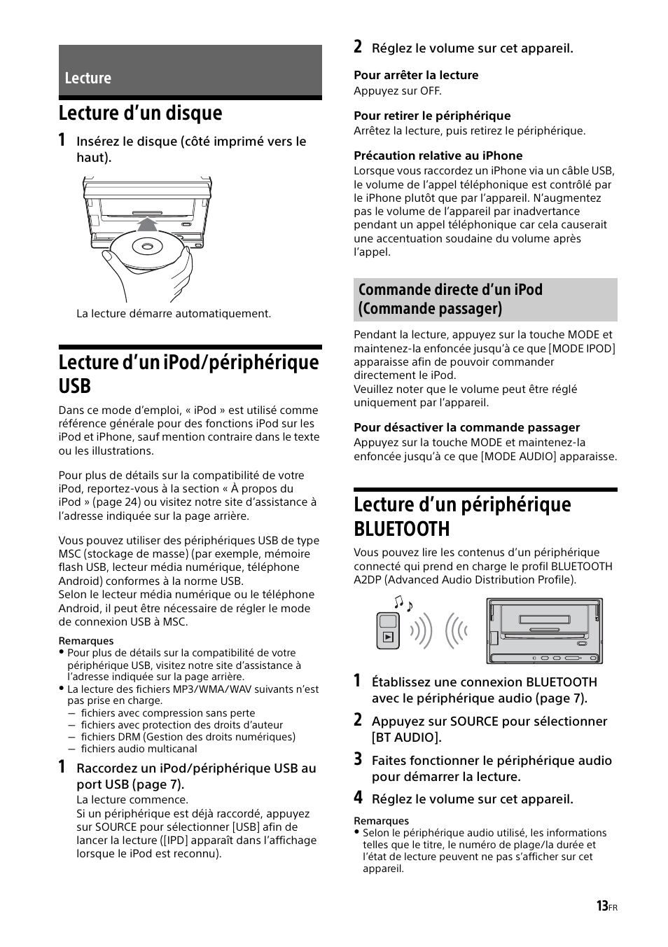 Lecture, Lecture d’un disque, Lecture d’un ipod/périphérique usb | Lecture d’un périphérique bluetooth | Sony XSP-N1BT User Manual | Page 41 / 96