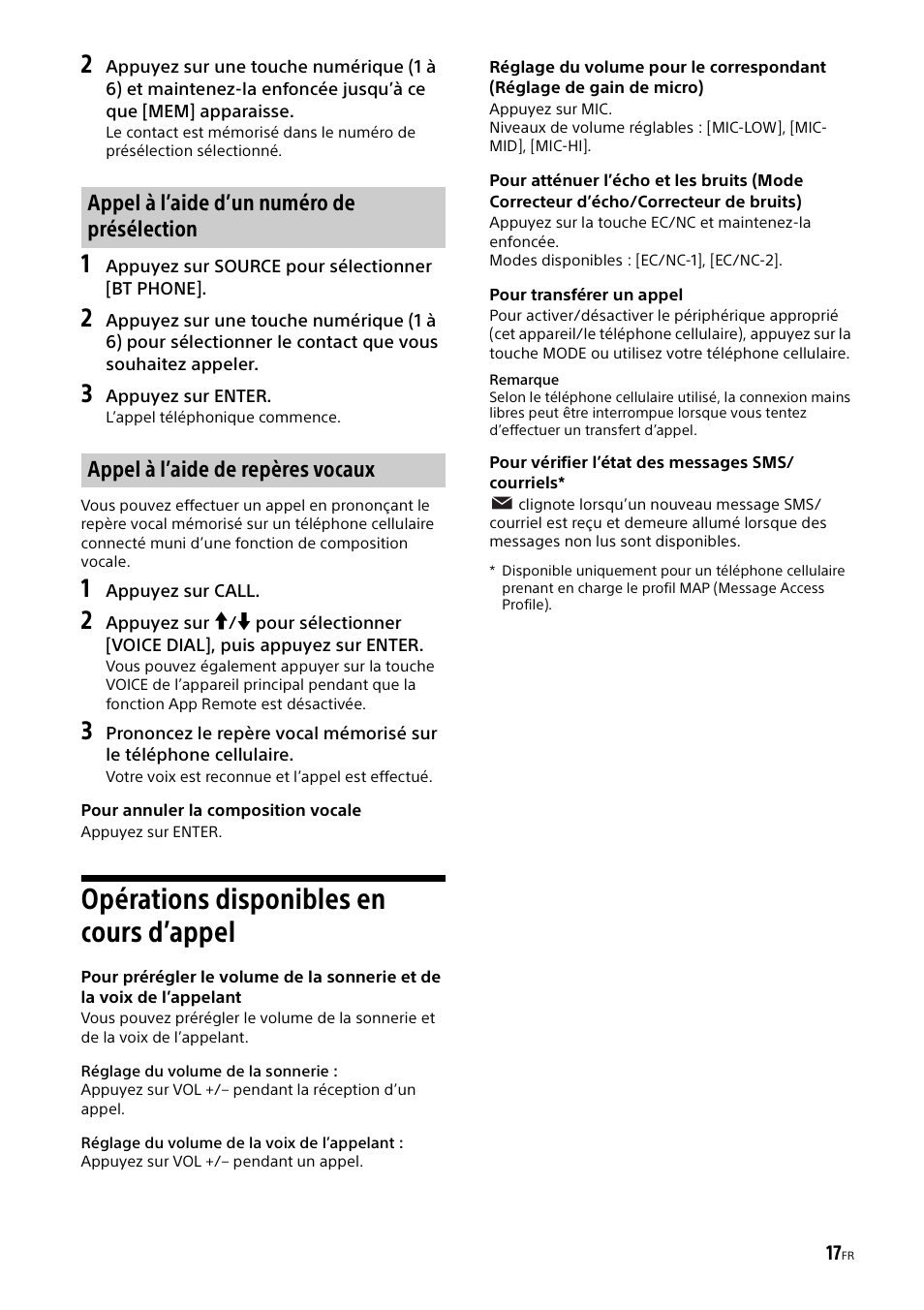 Opérations disponibles en cours d’appel | Sony XSP-N1BT User Manual | Page 45 / 96