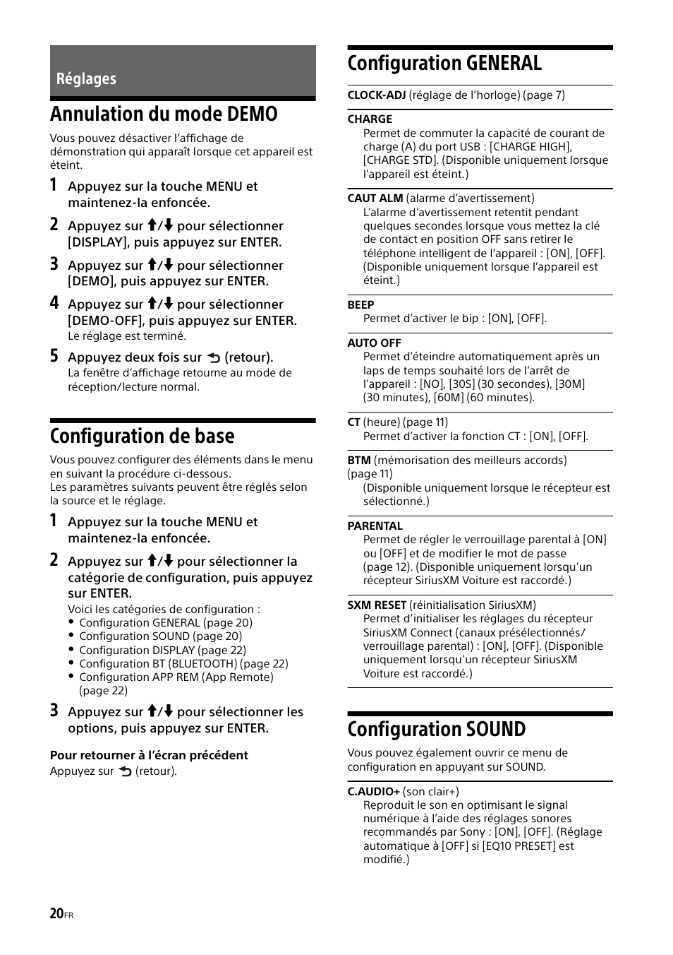 Réglages, Annulation du mode demo, Configuration de base | Configuration general, Configuration sound | Sony XSP-N1BT User Manual | Page 48 / 96