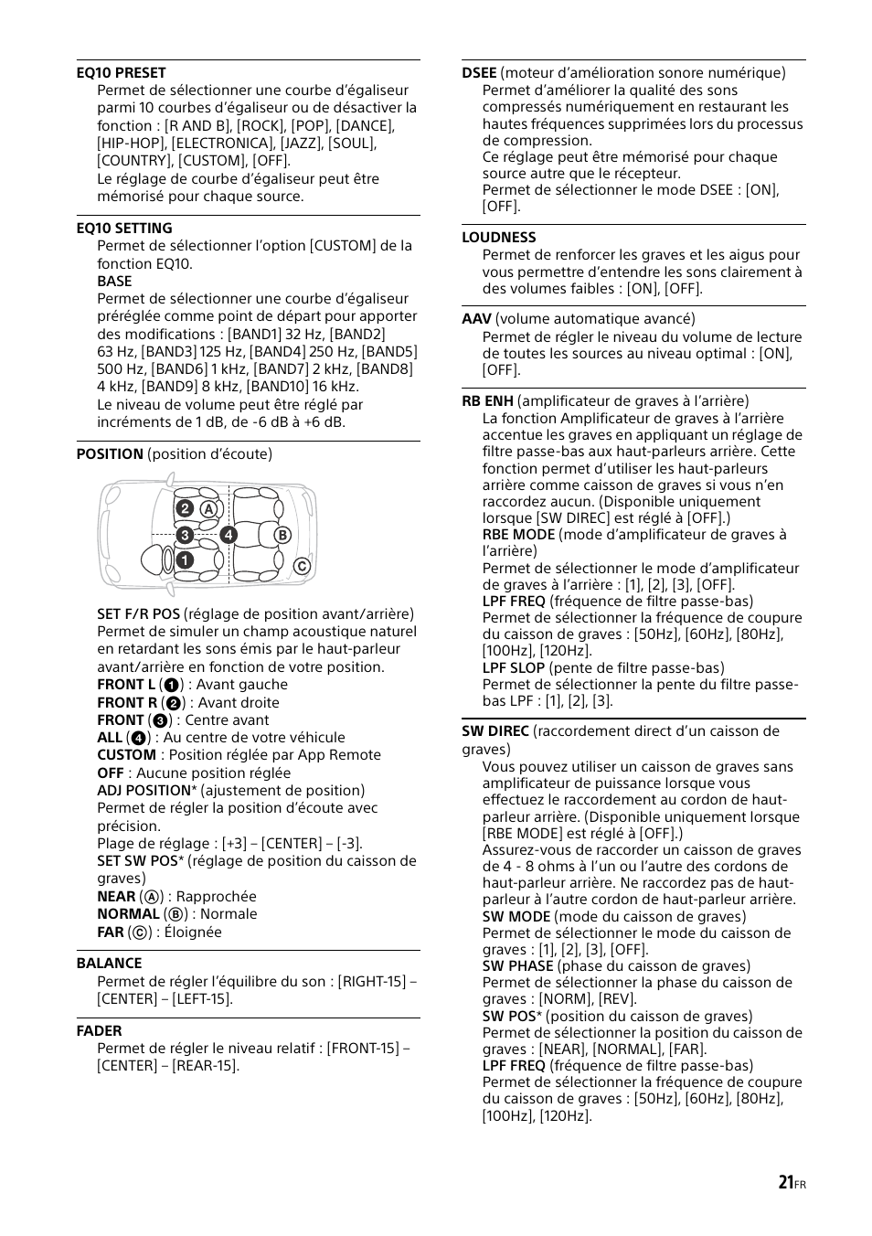 Eq10 preset, Eq10 setting, Position (position d’écoute) | Rb enh (amplificateur de graves à l’arrière) | Sony XSP-N1BT User Manual | Page 49 / 96