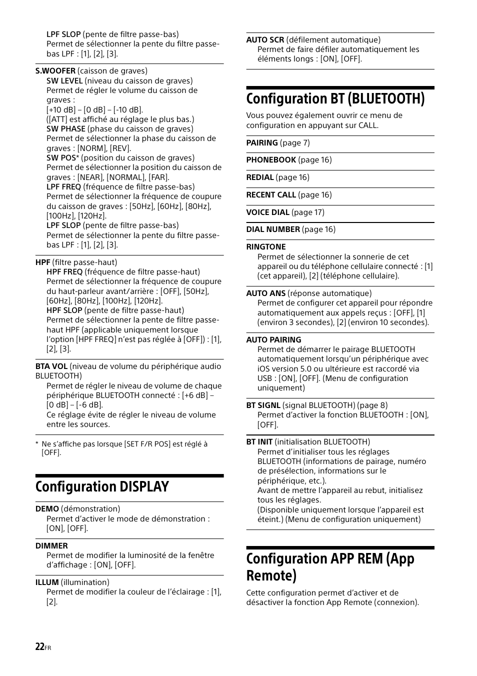 Configuration display, Configuration bt (bluetooth), Bt init (initialisation bluetooth) | Configuration app rem (app remote), Configuration display configuration bt (bluetooth) | Sony XSP-N1BT User Manual | Page 50 / 96