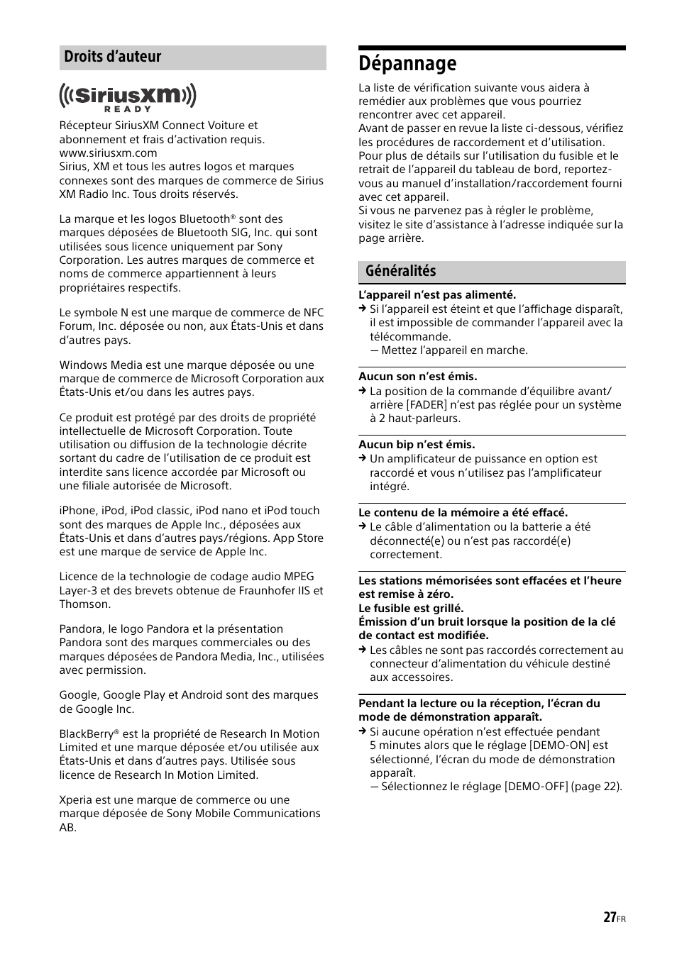 Dépannage, Droits d’auteur, Généralités | Sony XSP-N1BT User Manual | Page 55 / 96