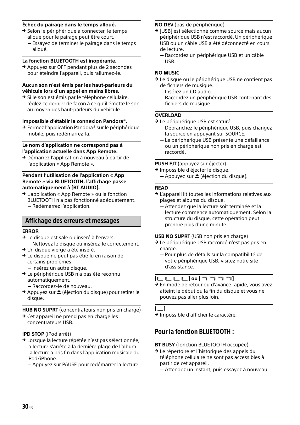 Affichage des erreurs et messages, Pour la fonction bluetooth | Sony XSP-N1BT User Manual | Page 58 / 96