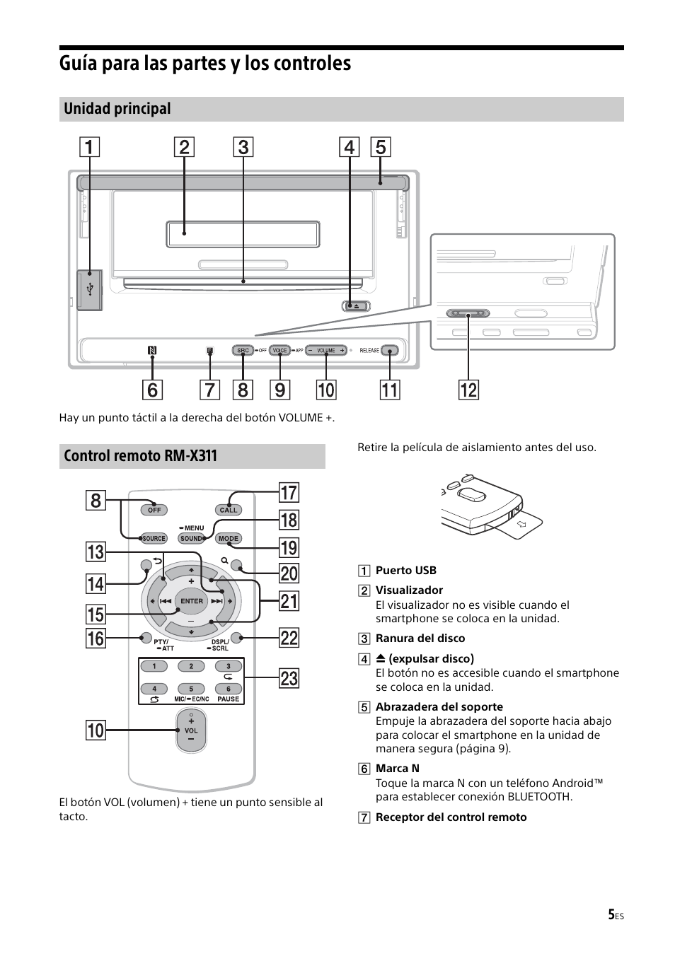 Guía para las partes y los controles, Unidad principal control remoto rm-x311 | Sony XSP-N1BT User Manual | Page 65 / 96