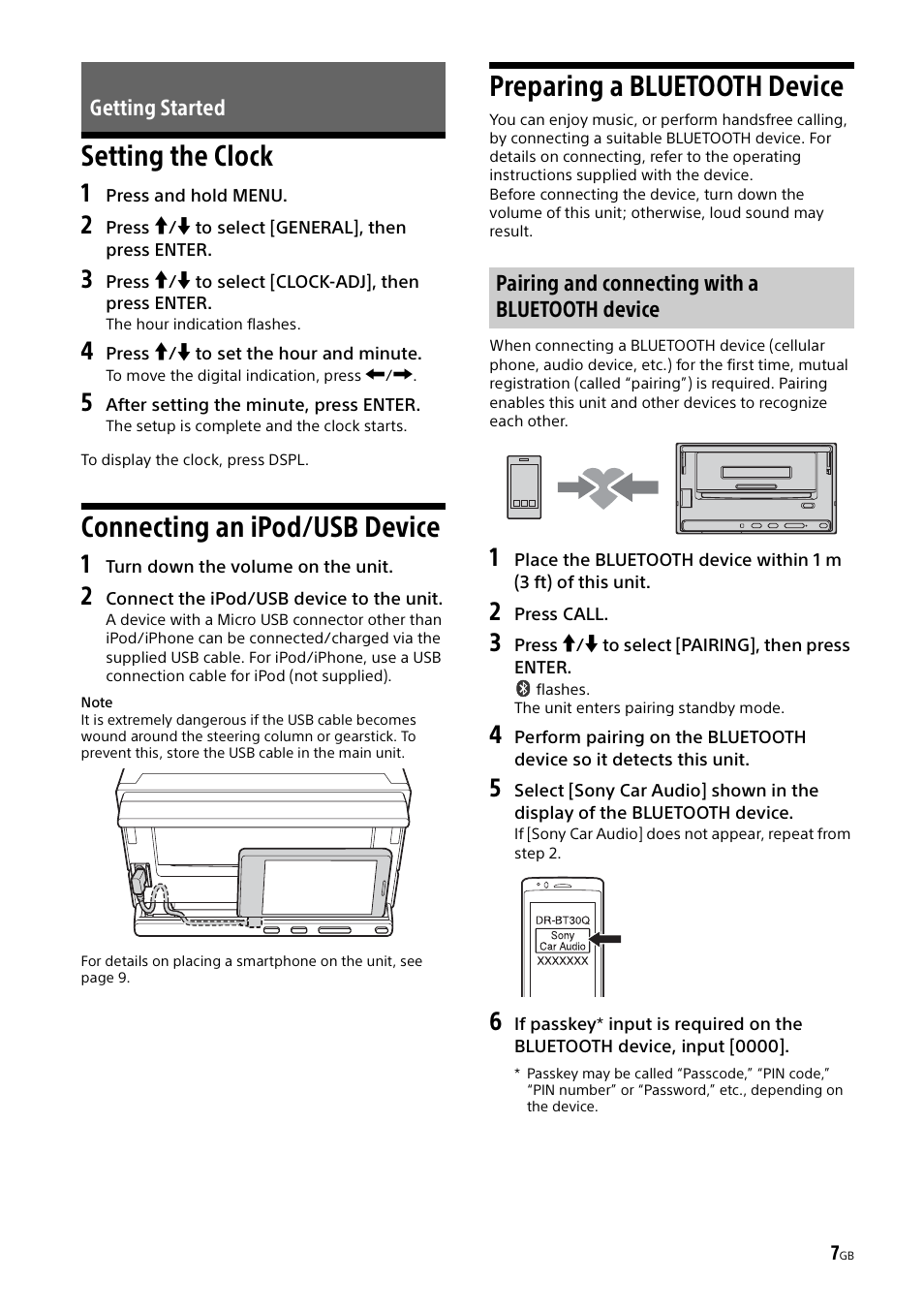 Getting started, Setting the clock, Connecting an ipod/usb device | Preparing a bluetooth device | Sony XSP-N1BT User Manual | Page 7 / 96