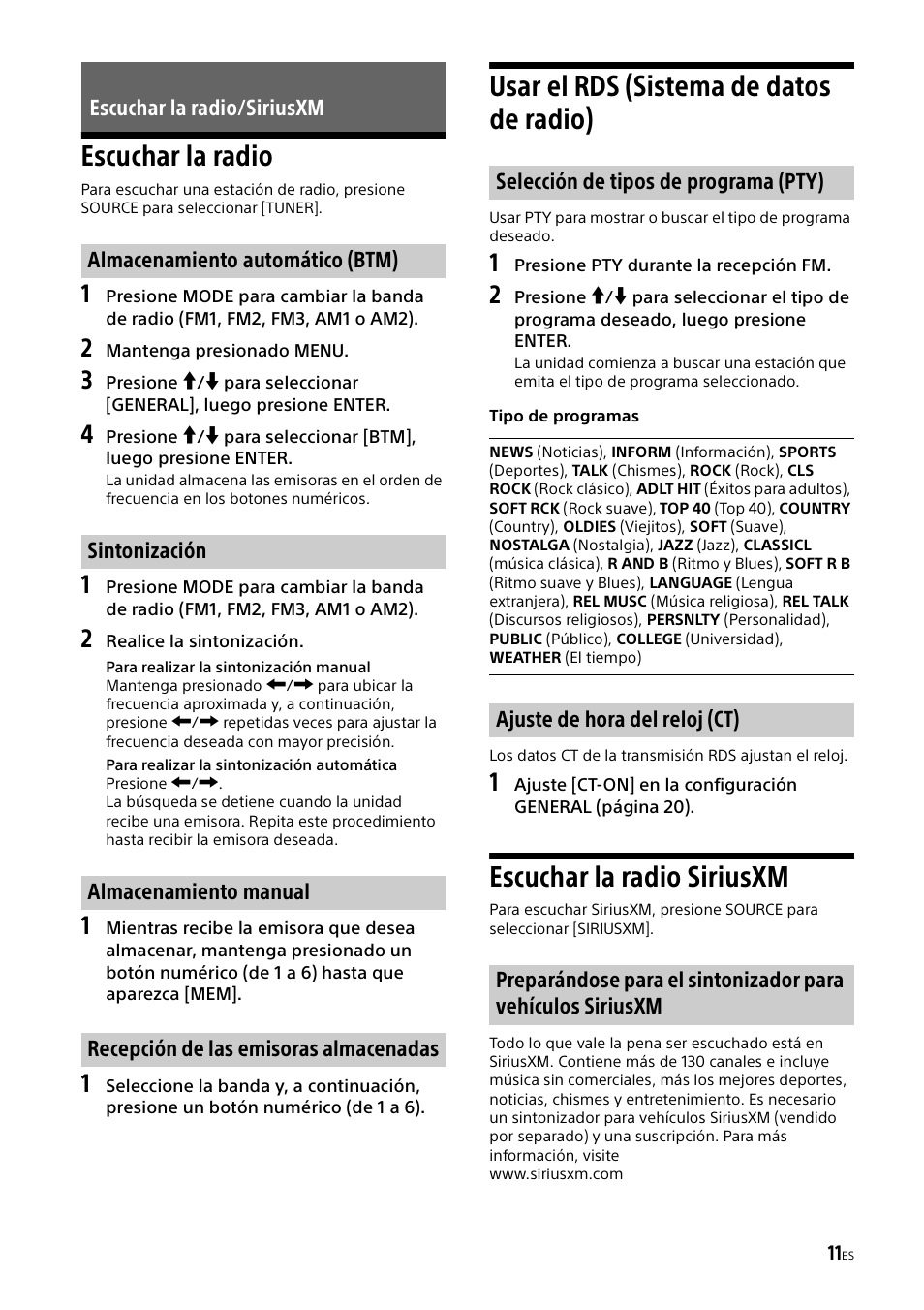 Escuchar la radio/siriusxm, Escuchar la radio, Usar el rds (sistema de datos de radio) | Escuchar la radio siriusxm | Sony XSP-N1BT User Manual | Page 71 / 96