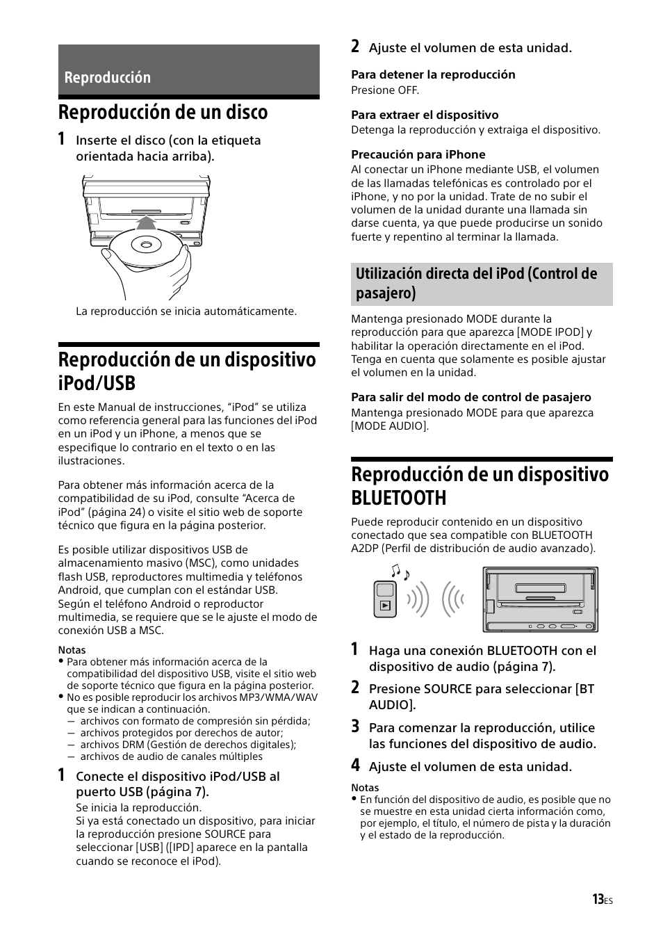 Reproducción, Reproducción de un disco, Reproducción de un dispositivo ipod/usb | Reproducción de un dispositivo bluetooth | Sony XSP-N1BT User Manual | Page 73 / 96