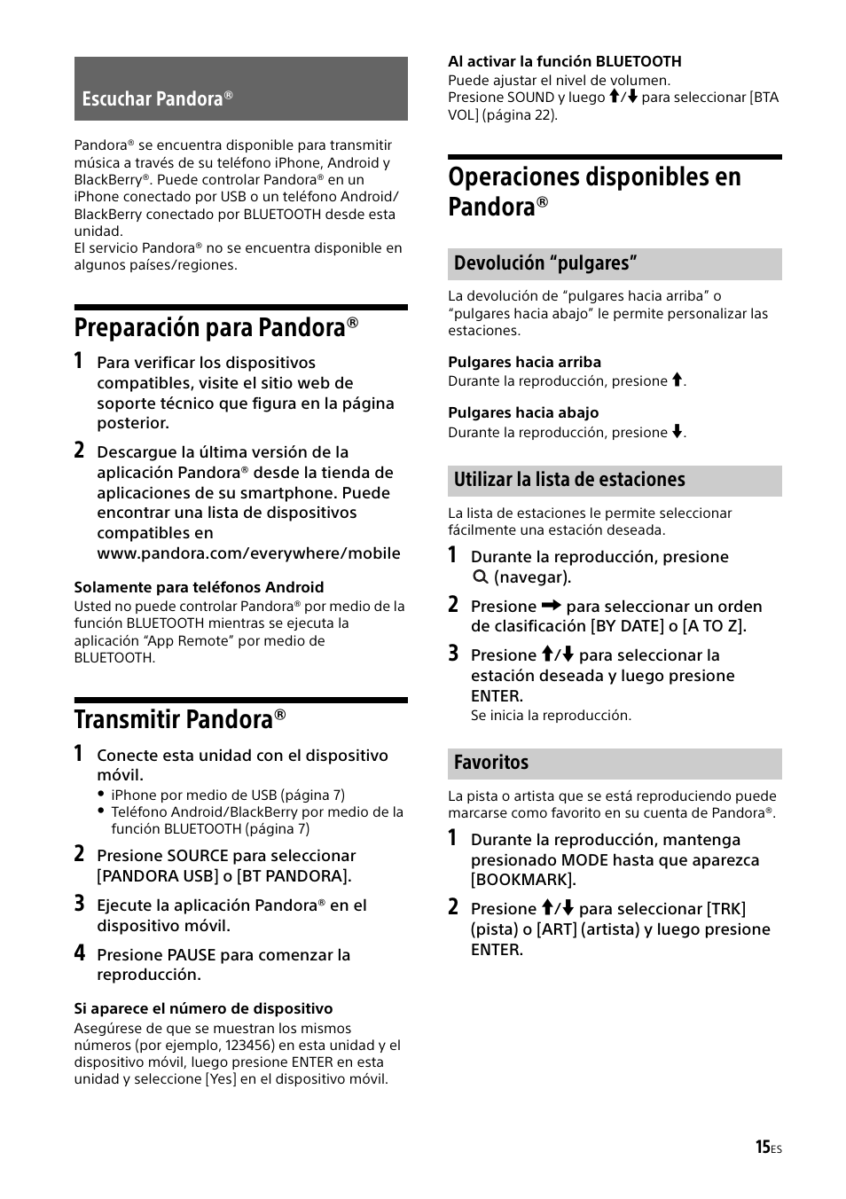 Escuchar pandora, Preparación para pandora, Transmitir pandora | Operaciones disponibles en pandora | Sony XSP-N1BT User Manual | Page 75 / 96