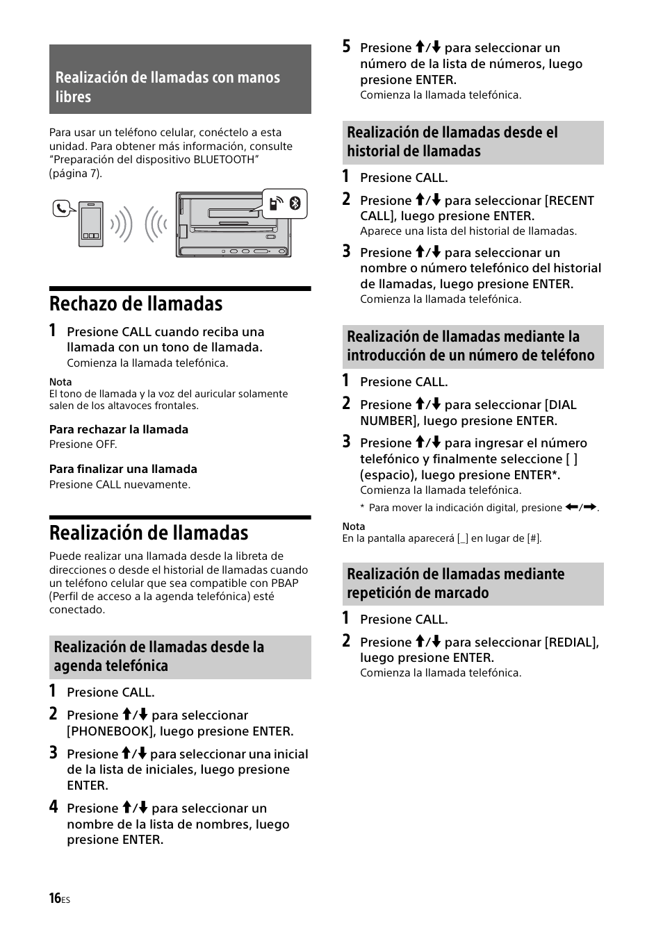 Realización de llamadas con manos libres, Rechazo de llamadas, Realización de llamadas | Rechazo de llamadas realización de llamadas | Sony XSP-N1BT User Manual | Page 76 / 96