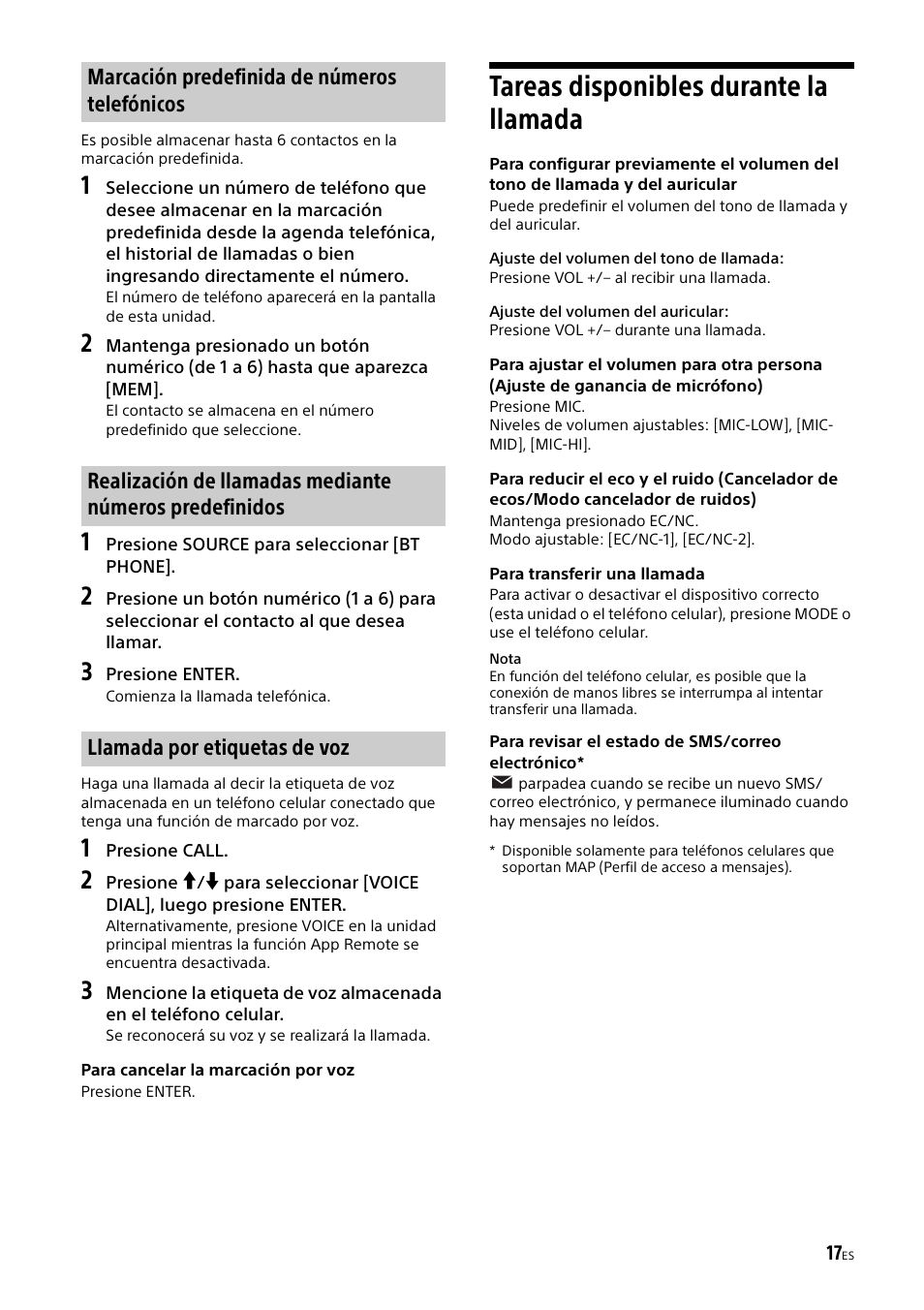 Tareas disponibles durante la llamada | Sony XSP-N1BT User Manual | Page 77 / 96