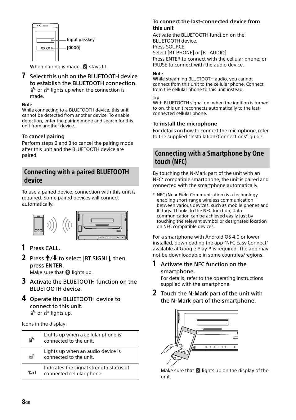 Connecting with a paired bluetooth device, Connecting with a smartphone by one touch (nfc) | Sony XSP-N1BT User Manual | Page 8 / 96